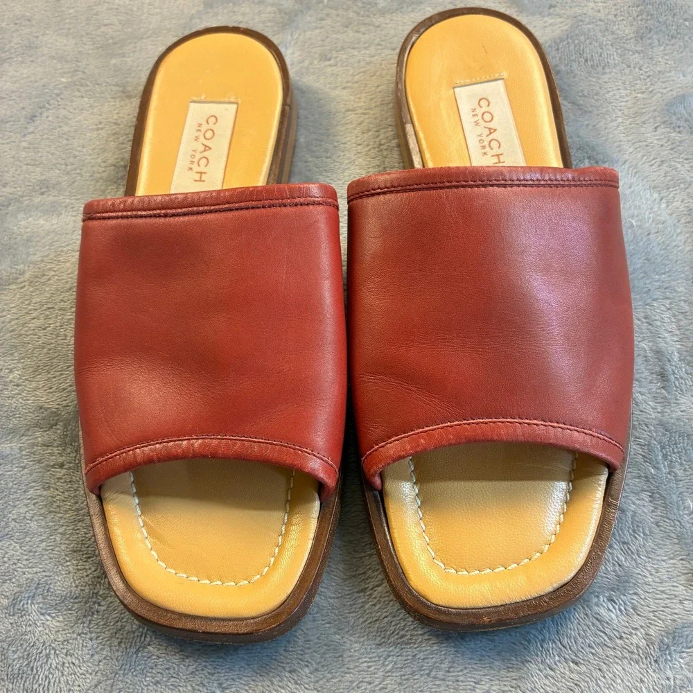 Coach Red Leather Slide Sandals Made in Italy Square Toe Flat Mules Women's 7B